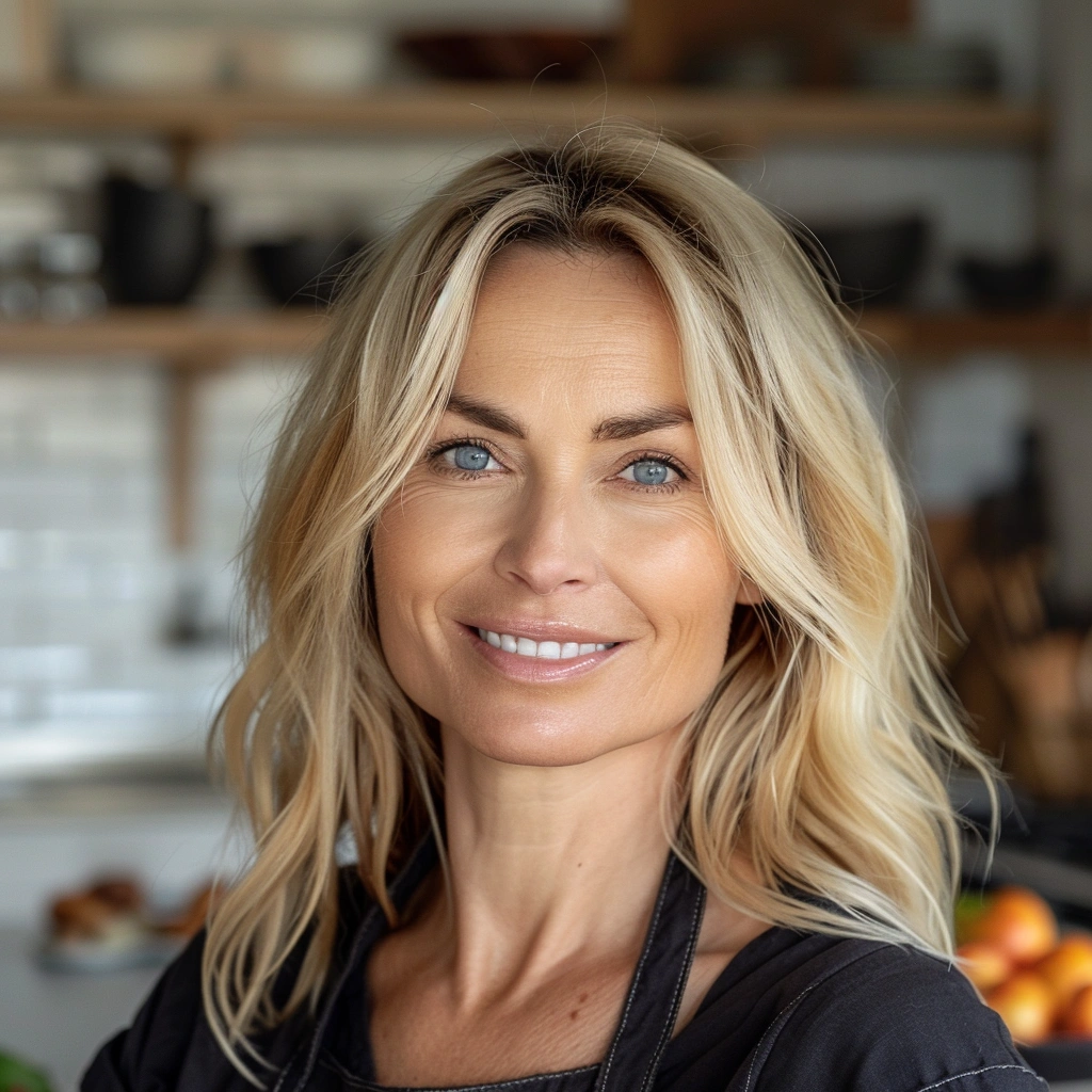 Smiling woman with blonde hair wearing a dark apron in a modern kitchen.