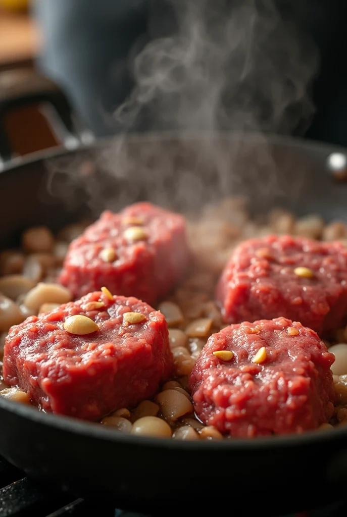 Browning beef and garlic for hearty all meat chili no beans