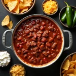 Beef and bean chili with chips, cheese, jalapeños, and sour cream.
