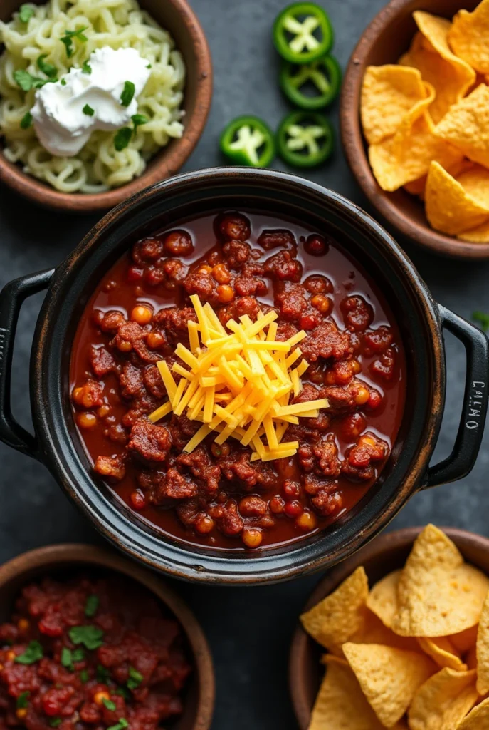 Chili bar with toppings for hearty all meat chili no beans