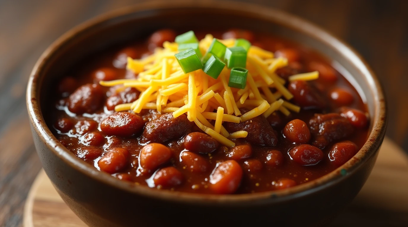 Hearty all meat chili no beans topped with cheese and green onions